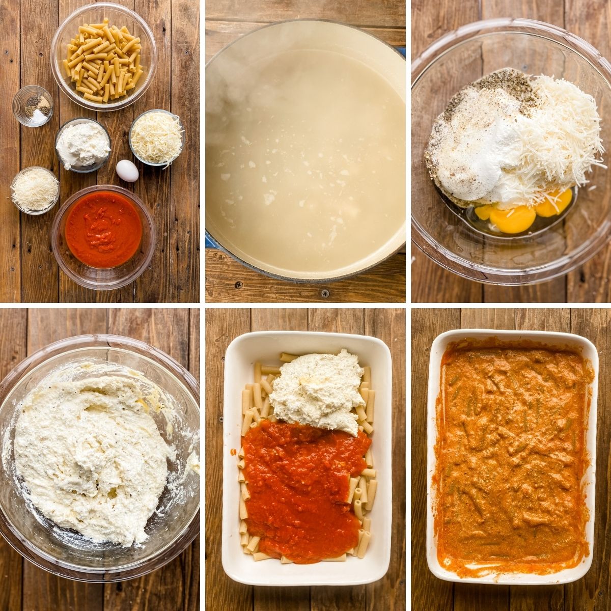 step by step collage showing how to make gluten-free baked ziti.