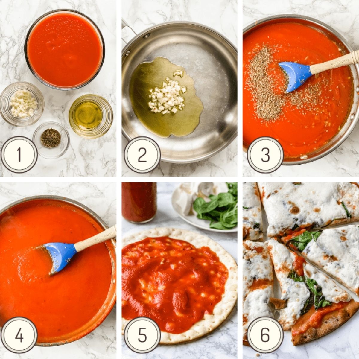 step by step collage showing how to make gluten-free pizza sauce.