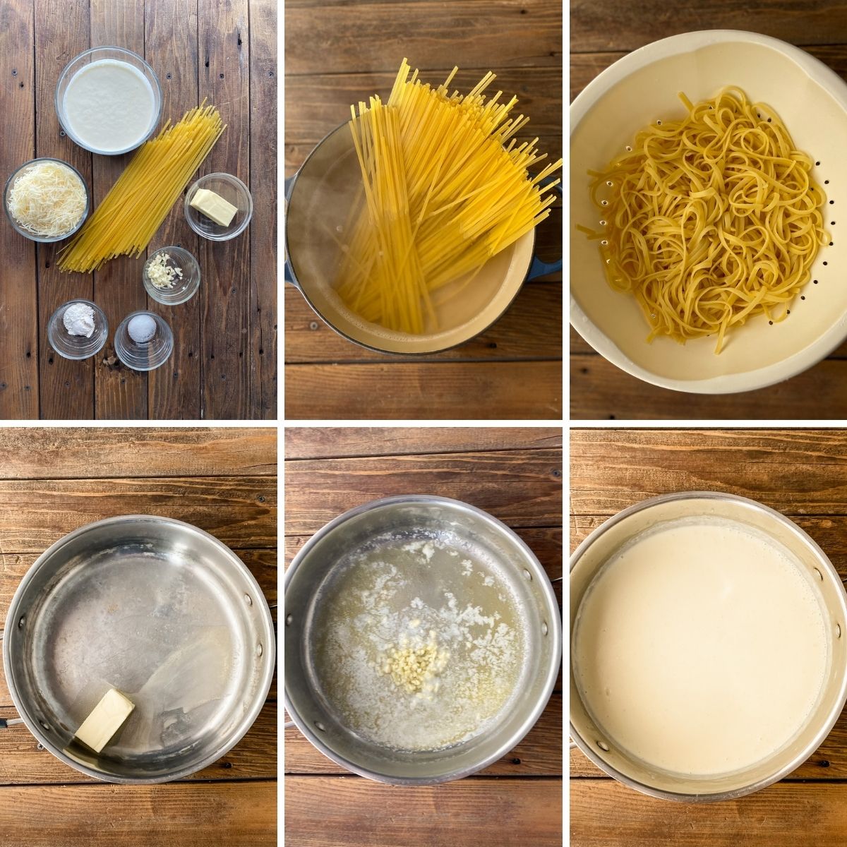 step by step collage showing how to make gluten-free Alfredo sauce with fettuccine.