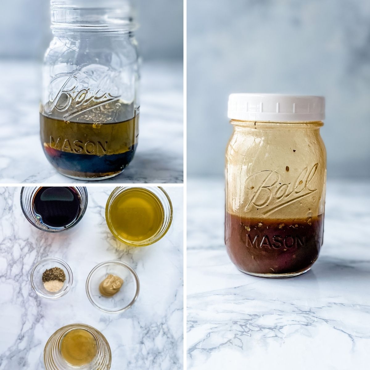 step by step collage showing how to make balsamic dressing from scratch.