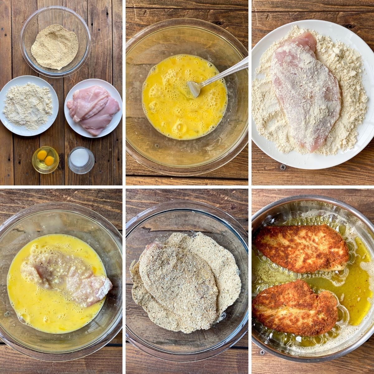 step by step collage showing how to make gluten free breaded chicken.