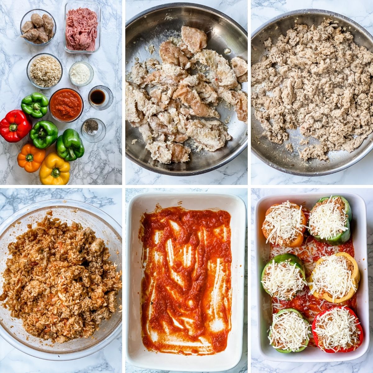 step by step collage showing how to make italian sausage stuffed peppers gluten-free