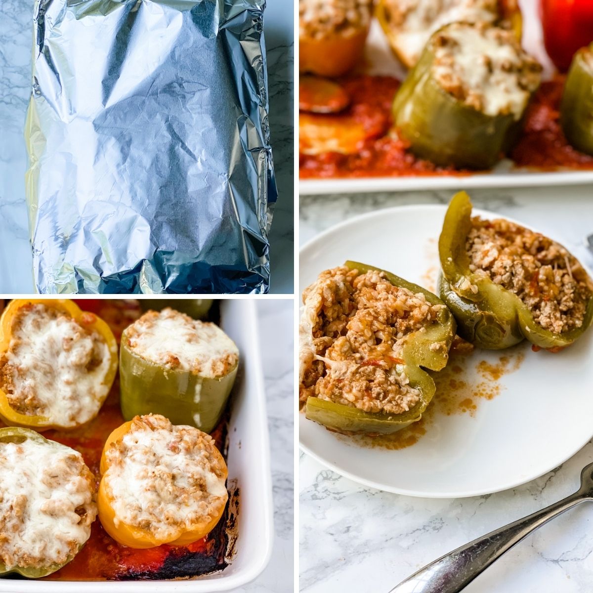 another collage showing step by step how to finish making italian stuffed peppers.