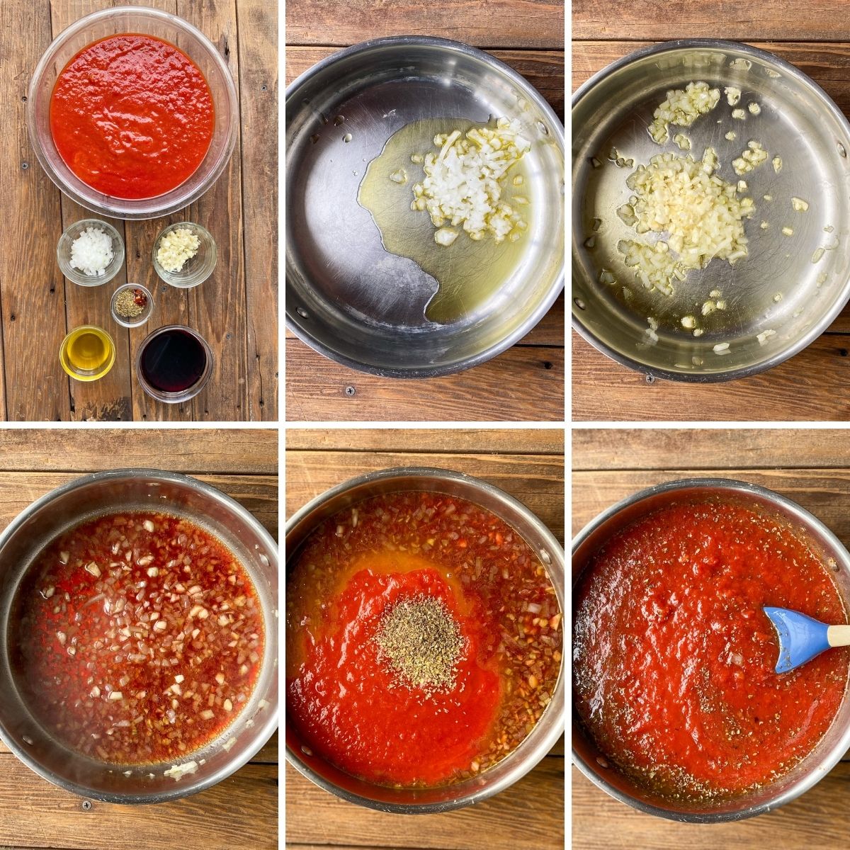 step by step collage showing how to make gluten-free marinara sauce.