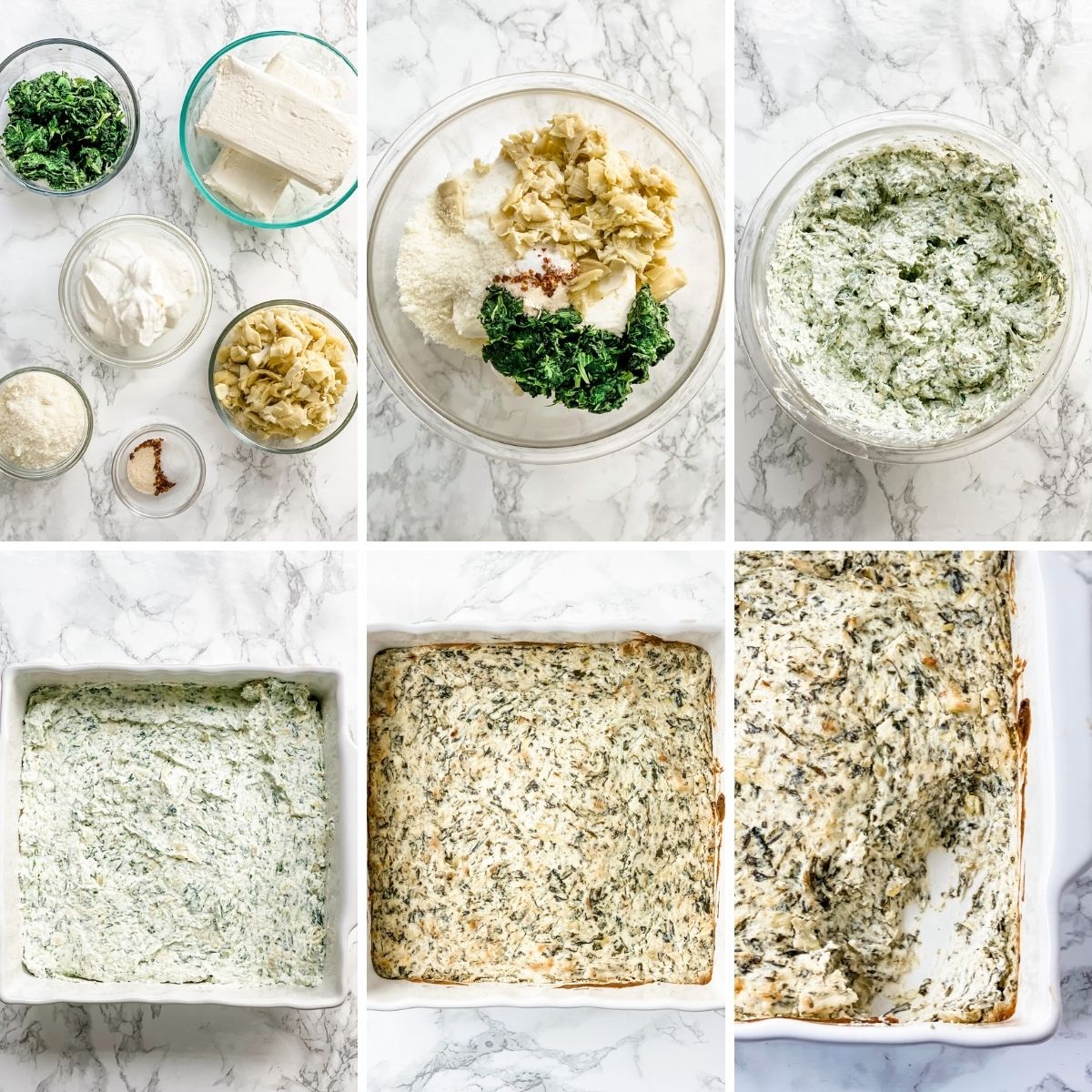 step by step collage showing how to make spinach artichoke dip.
