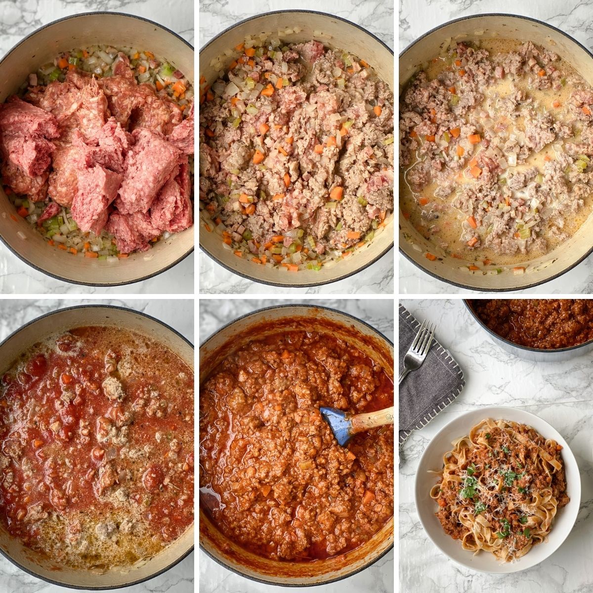 a second collage showing the final cooking steps to making bolognese.