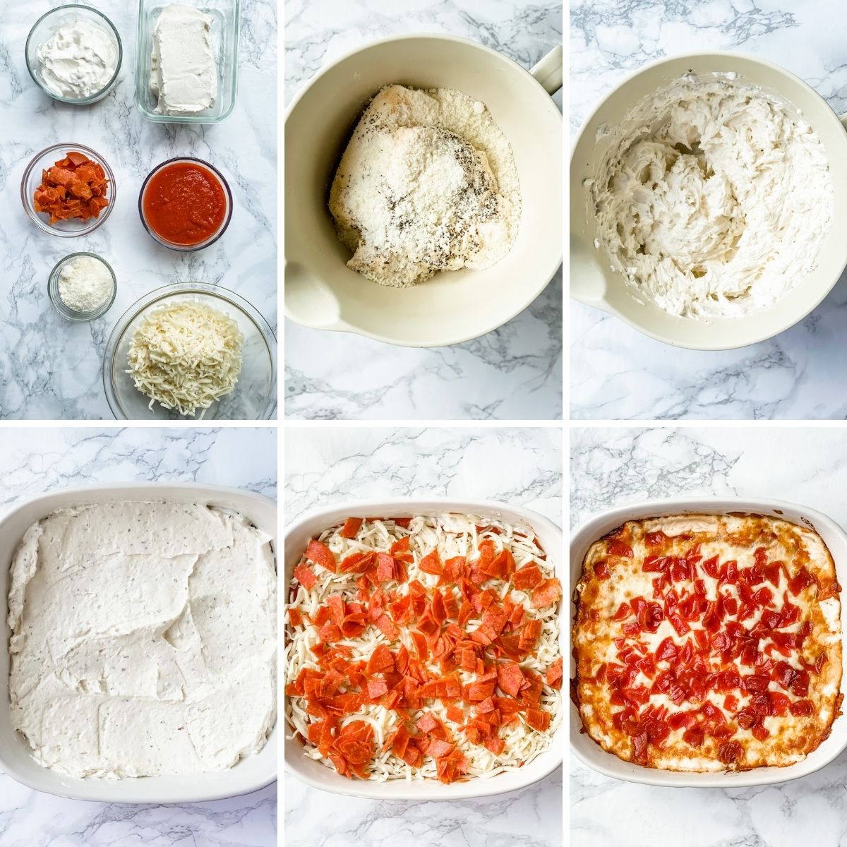 step by step collage showing how to make pepperoni dip
