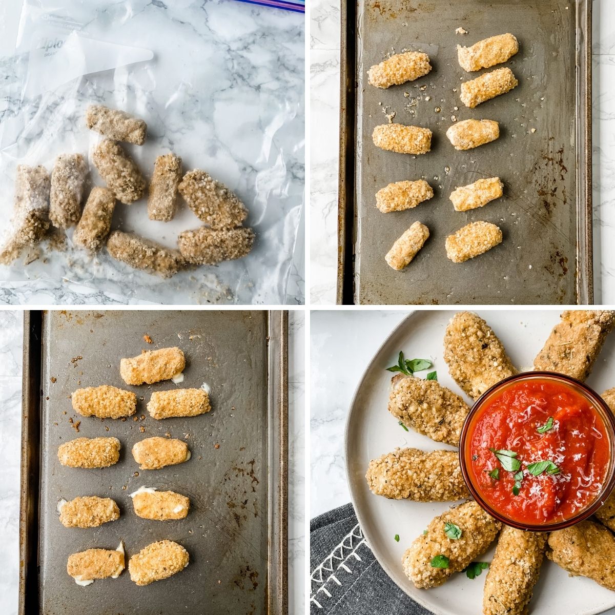 A collage showing the final steps to making baked mozzarella sticks.