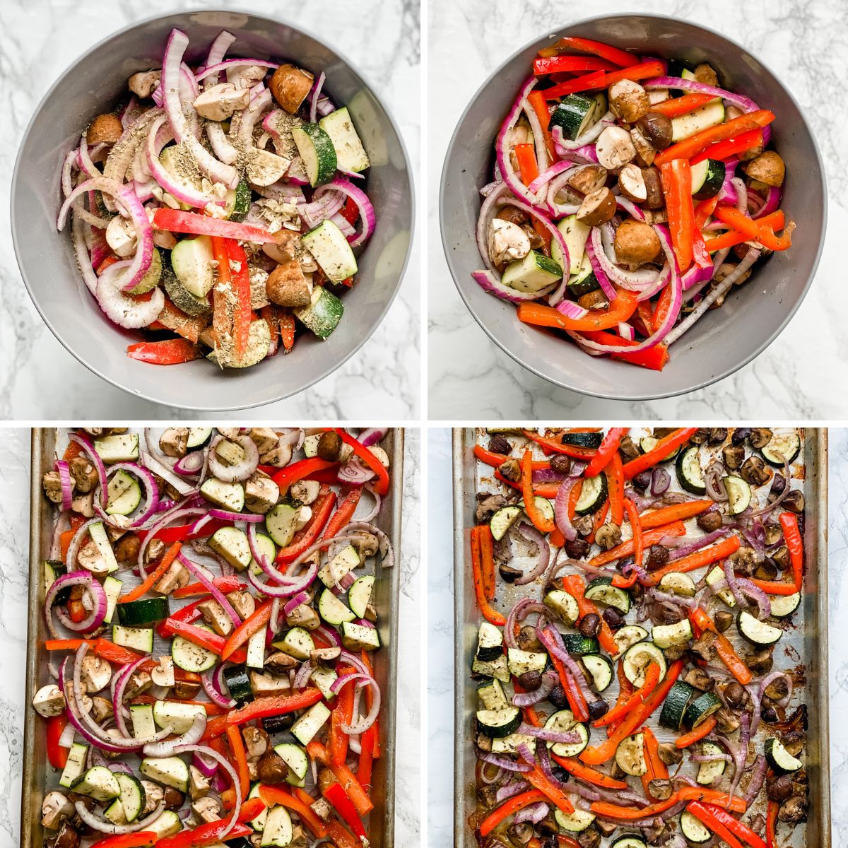 step by step collage showing how to make italian oven roasted veggies.