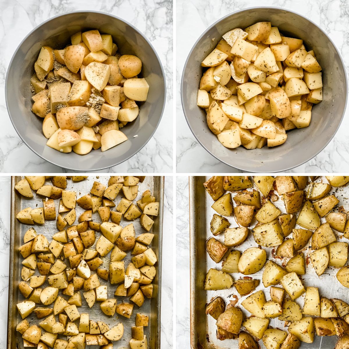 step by step collage showing how to make roasted potatoes with italian seasoning.