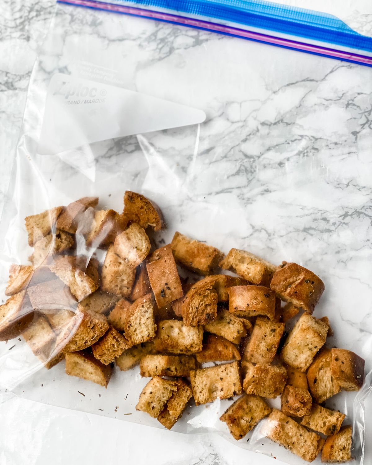 homemade croutons in a storage bag.