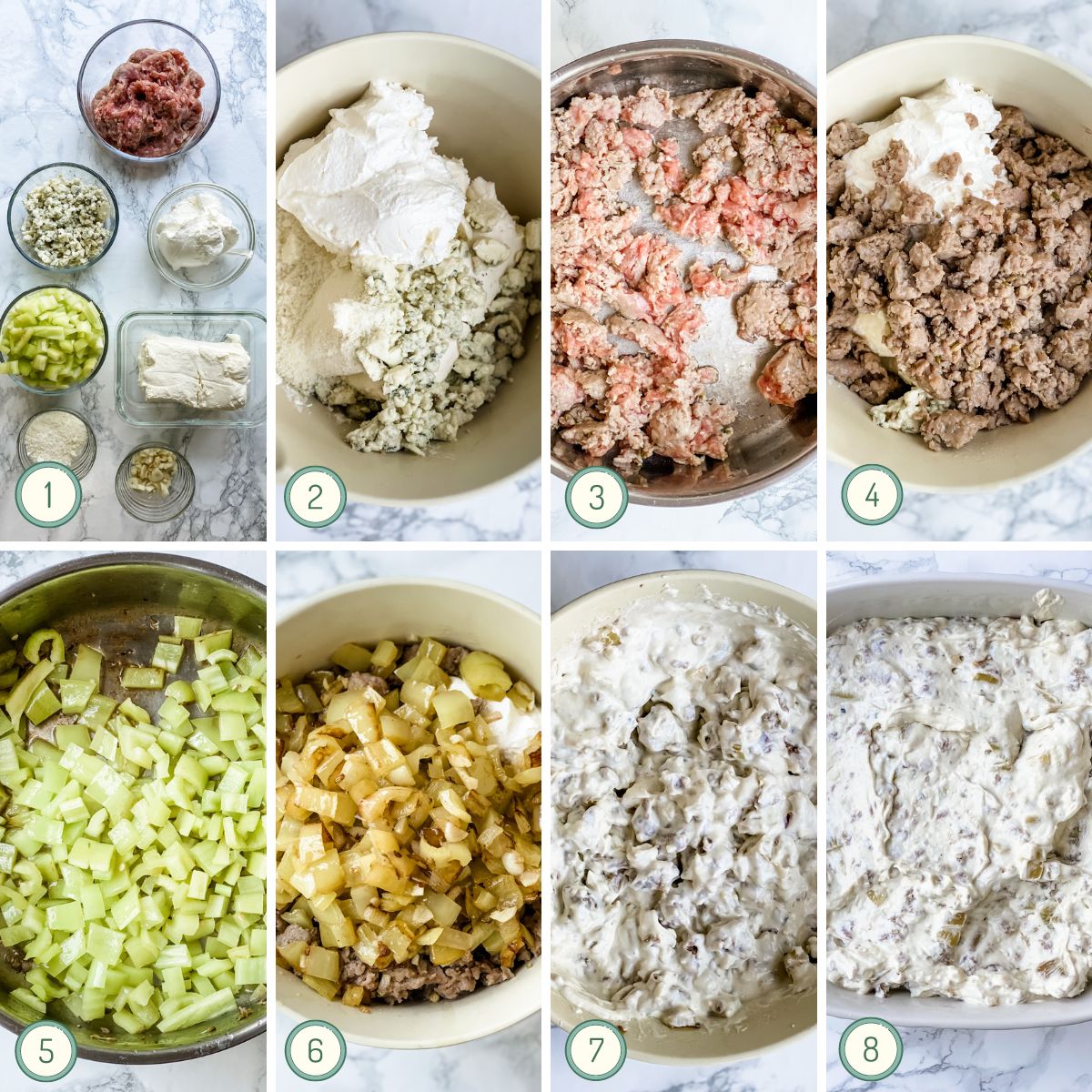 step by step collage showing how to make italian sausage dip