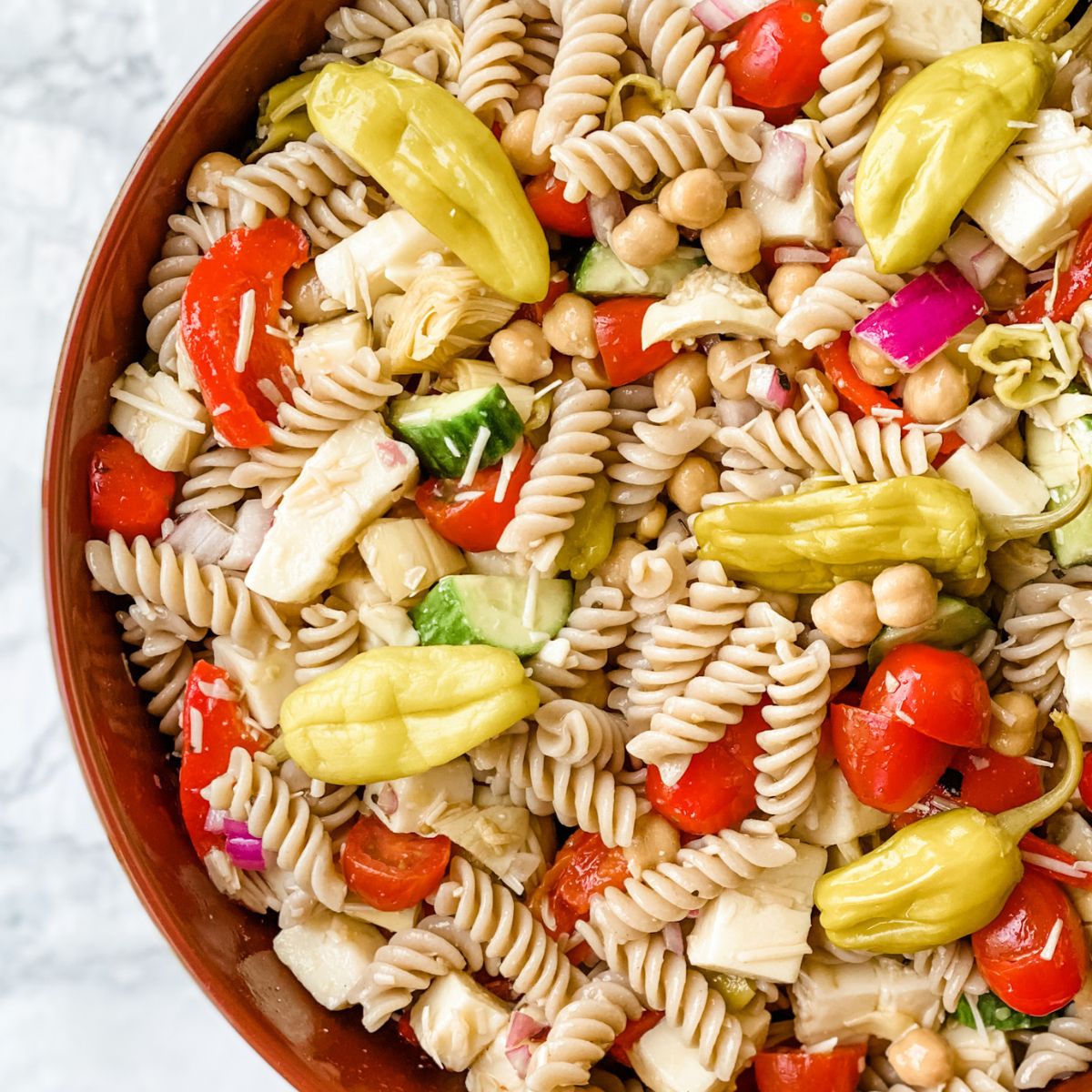overhead picture of gluten free pasta salad.