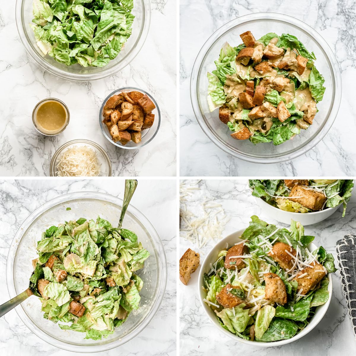 step by step collage showing how to make gluten free caesar salad.
