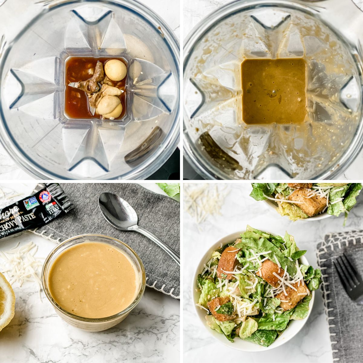 step by step collage showing how to make gluten free caesar dressing.