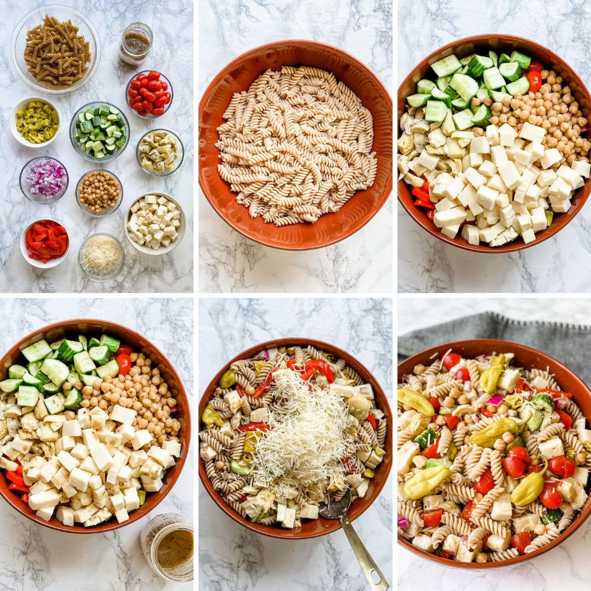 step by step collage showing how to make italian pasta salad