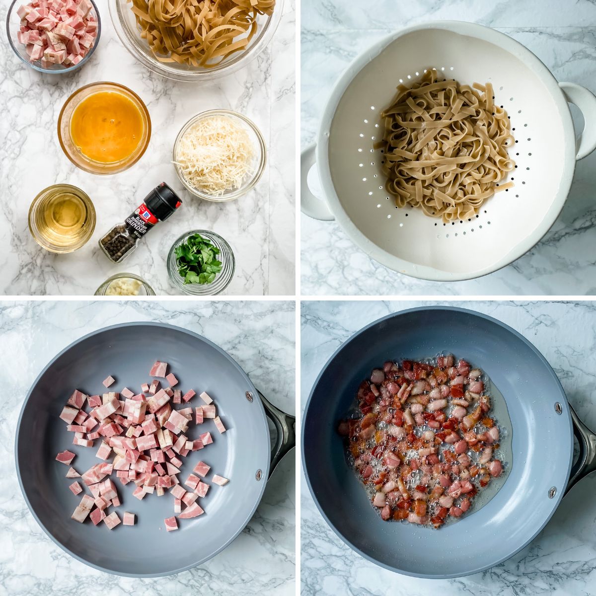 step by step collage showing how to make Carbonara sauce.
