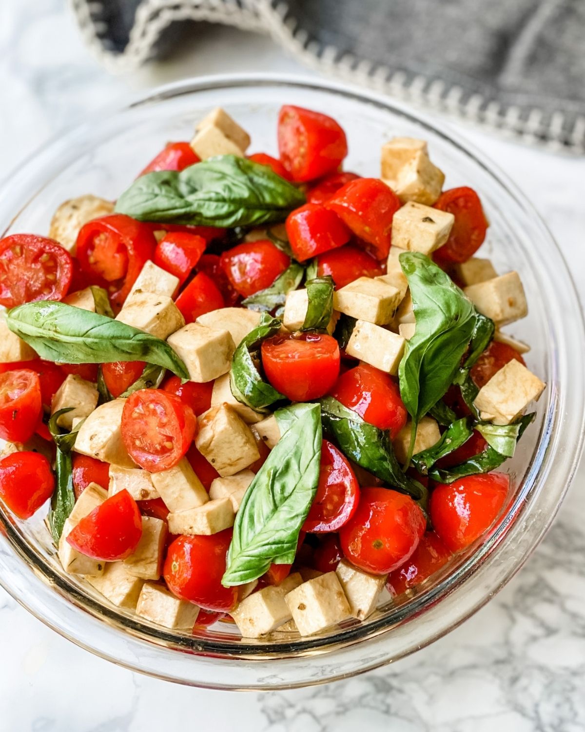 caprese salad with tomatoes overhead picture.