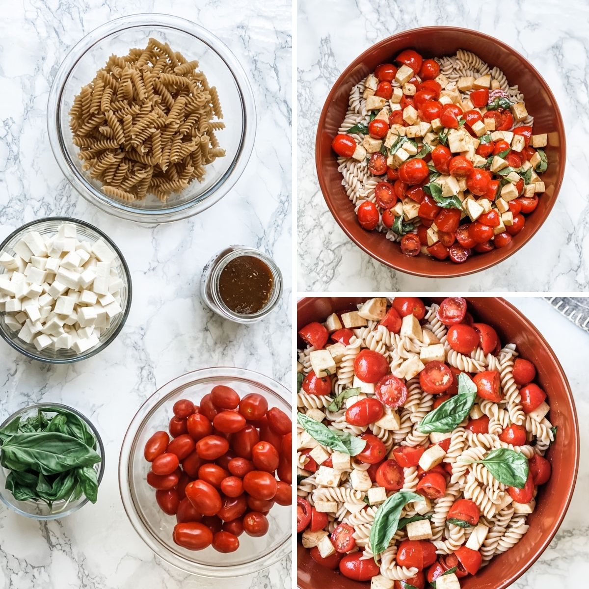 step by step collage showing how to make caprese pasta salad.