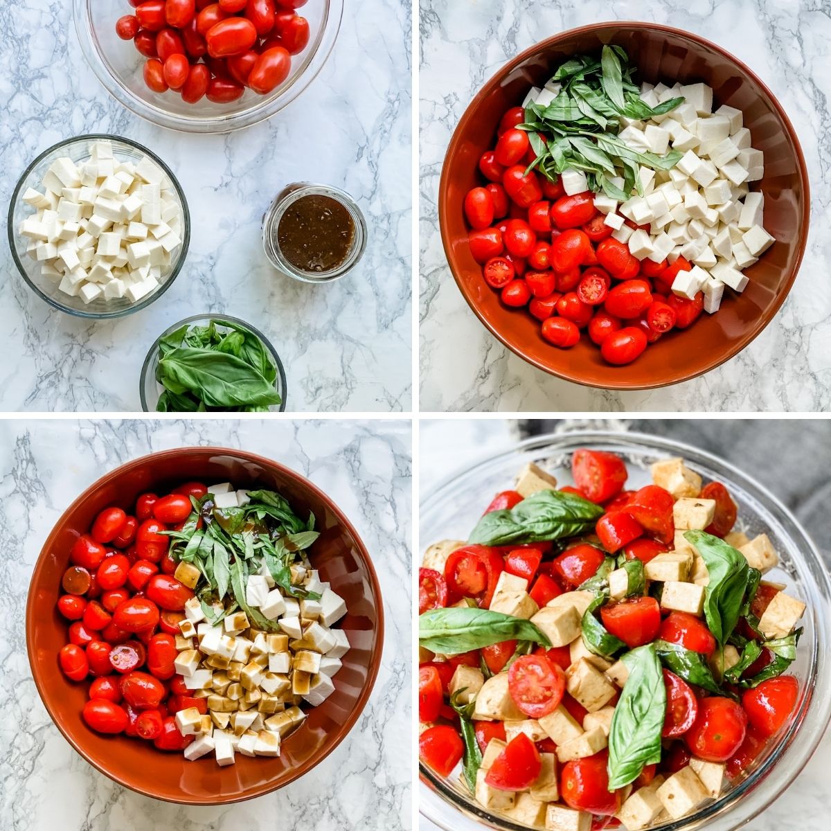 step by step collage showing how to make caprese pasta salad.