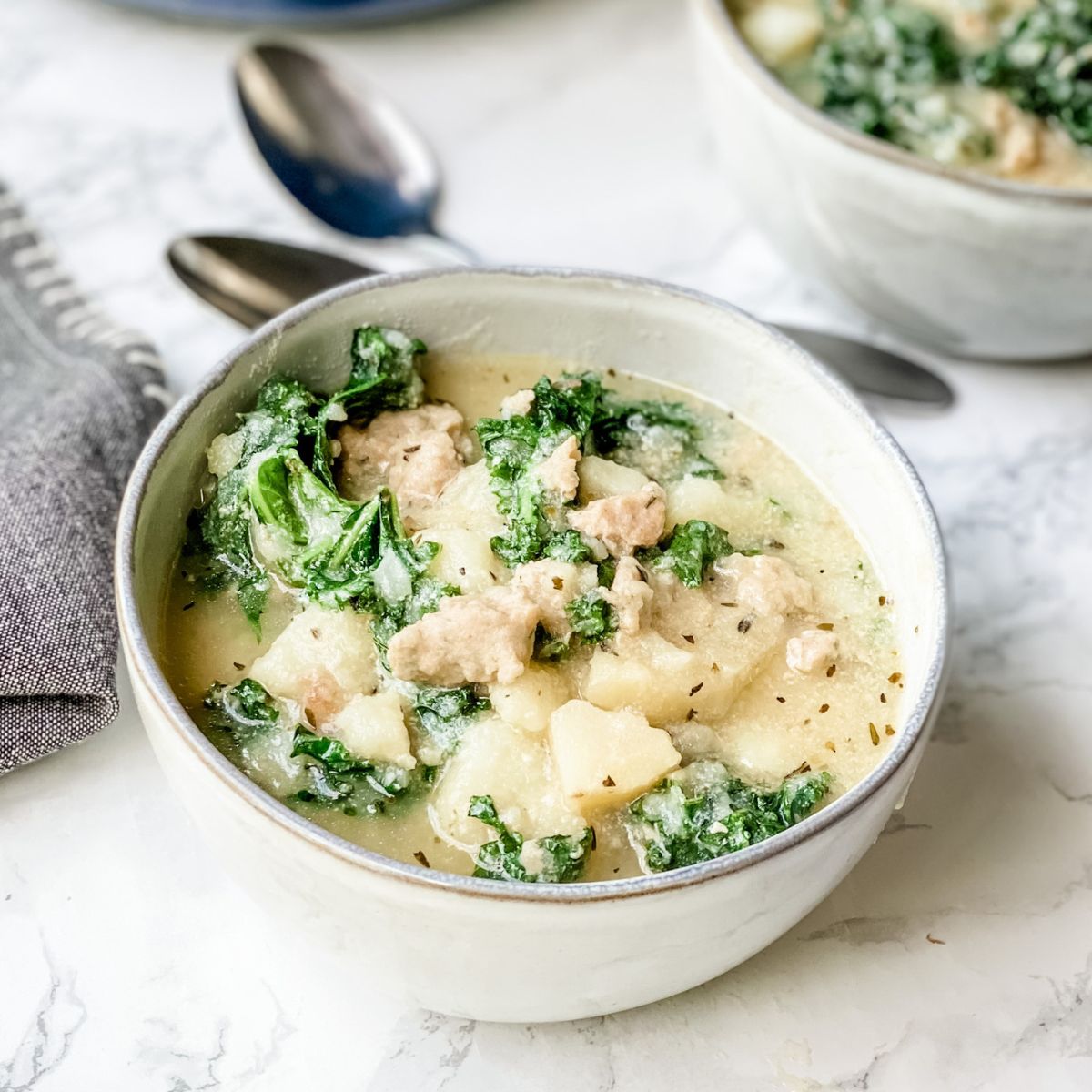 Gluten Free Zuppa Toscana Soup close up in a bowl.