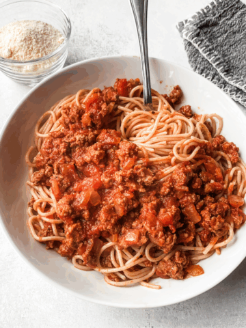 Overhead picture of meat sauce with spaghetti