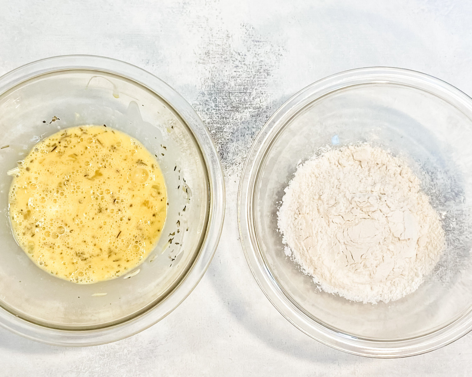 egg bater and flour dredging station.