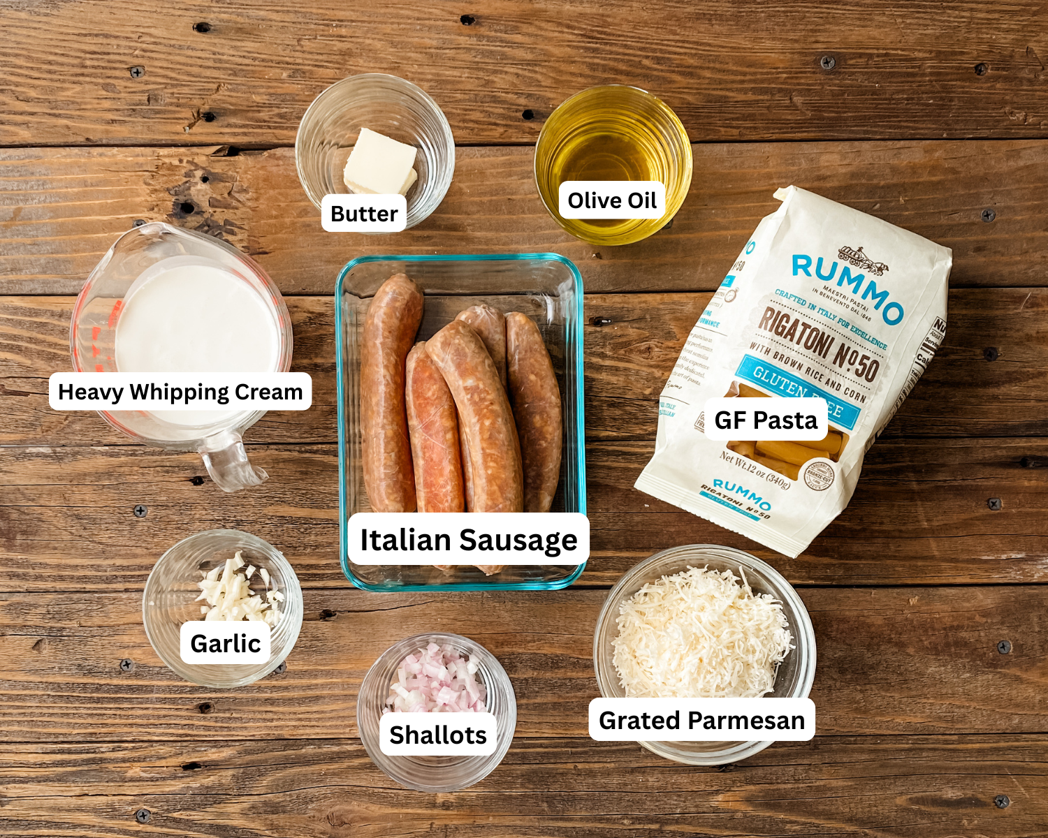 Ingredients for creamy sausage pasta
