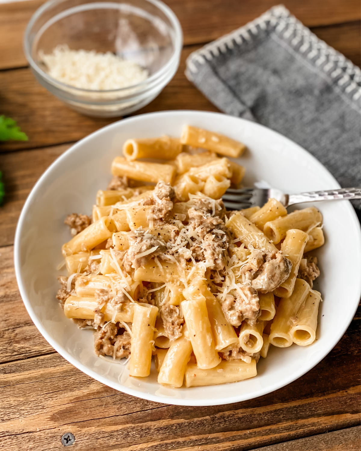 side picture of sausage rigatoni in a white dish